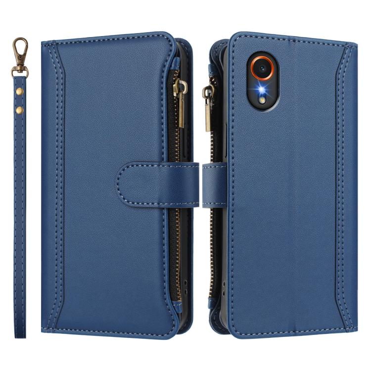 For Samsung Galaxy XCover 7 Magnetic Closure 9 Card Slots Zipper Leather Case with Hand Strap