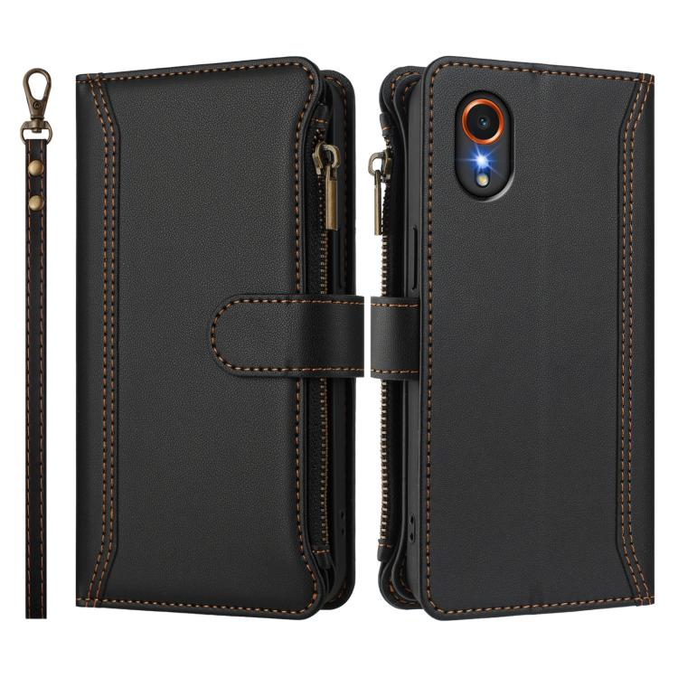 For Samsung Galaxy XCover 7 Magnetic Closure 9 Card Slots Zipper Leather Case with Hand Strap