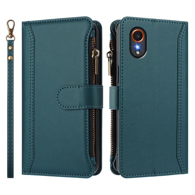For Samsung Galaxy XCover 7 Magnetic Closure 9 Card Slots Zipper Leather Case with Hand Strap