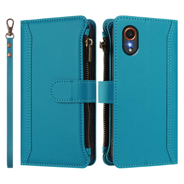 For Samsung Galaxy XCover 7 Magnetic Closure 9 Card Slots Zipper Leather Case with Hand Strap