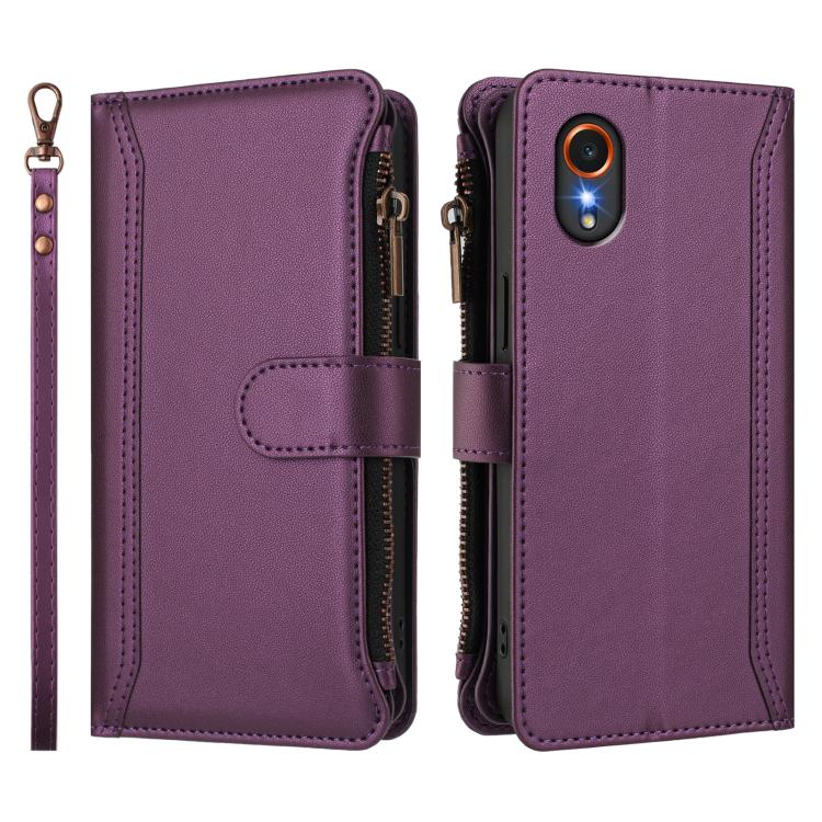 For Samsung Galaxy XCover 7 Magnetic Closure 9 Card Slots Zipper Leather Case with Hand Strap