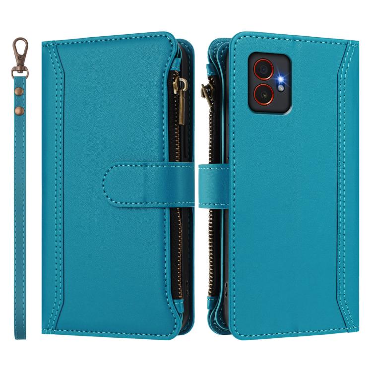 For Samsung Galaxy XCover 7 Pro Magnetic Closure 9 Card Slots Zipper Leather Case with Hand Strap