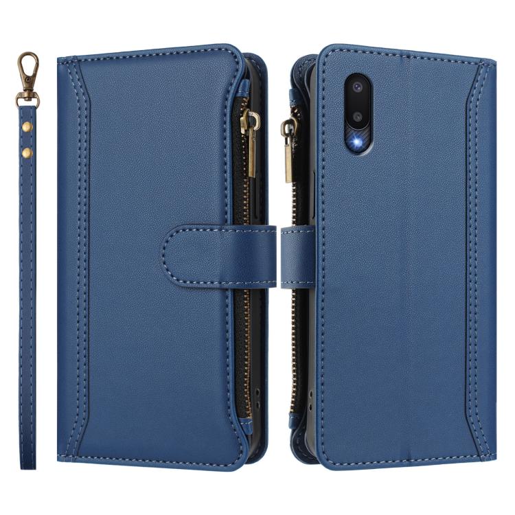 For Samsung Galaxy A02 / M02 Magnetic Closure 9 Card Slots Zipper Leather Case with Hand Strap