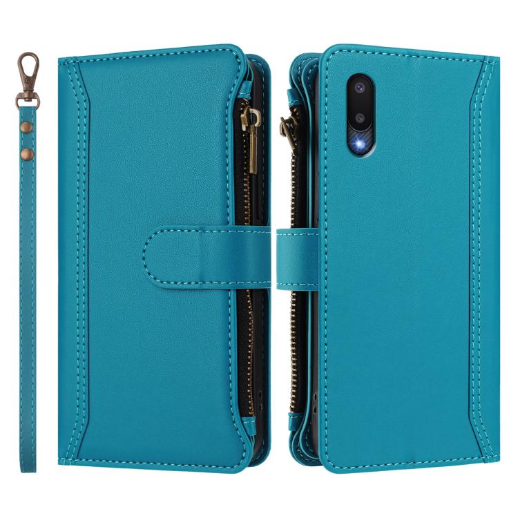 For Samsung Galaxy A02 / M02 Magnetic Closure 9 Card Slots Zipper Leather Case with Hand Strap