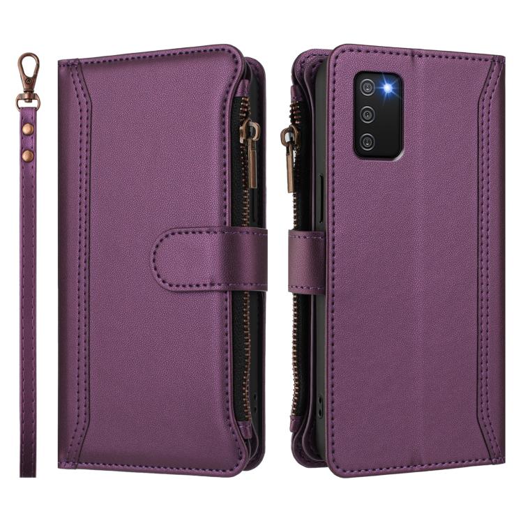 For Samsung Galaxy A02s 166mm Magnetic Closure 9 Card Slots Zipper Leather Case with Hand Strap