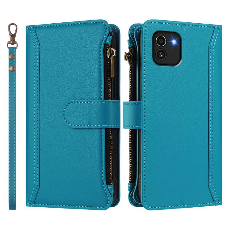 For Samsung Galaxy A03 164mm Magnetic Closure 9 Card Slots Zipper Leather Case with Hand Strap