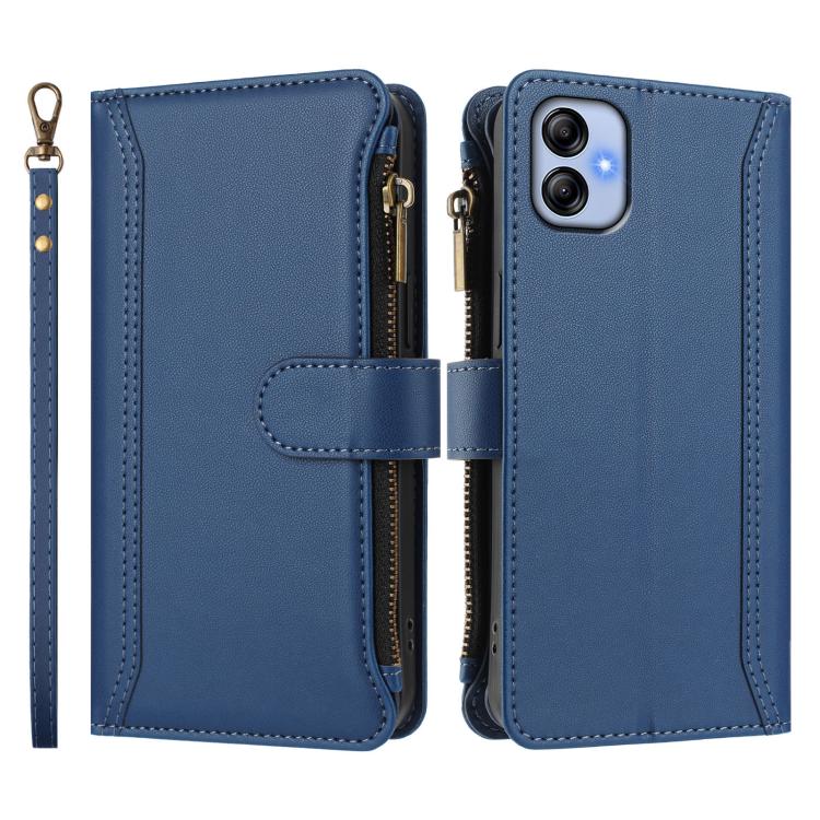 For Samsung Galaxy A04e / F04 / M04 4G Magnetic Closure 9 Card Slots Zipper Leather Case with Hand Strap