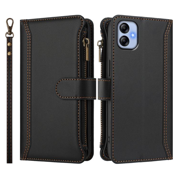 For Samsung Galaxy A04e / F04 / M04 4G Magnetic Closure 9 Card Slots Zipper Leather Case with Hand Strap