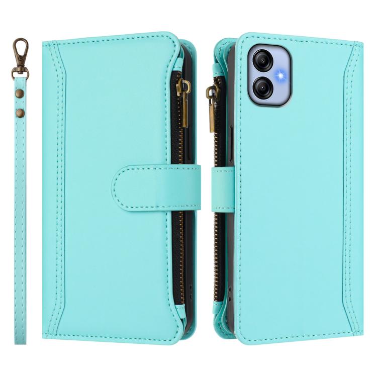For Samsung Galaxy A04e / F04 / M04 4G Magnetic Closure 9 Card Slots Zipper Leather Case with Hand Strap