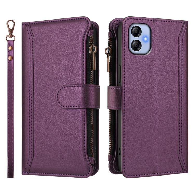 For Samsung Galaxy A04e / F04 / M04 4G Magnetic Closure 9 Card Slots Zipper Leather Case with Hand Strap