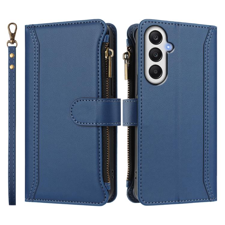 For Samsung Galaxy A05s / F14 4G Magnetic Closure 9 Card Slots Zipper Leather Case with Hand Strap