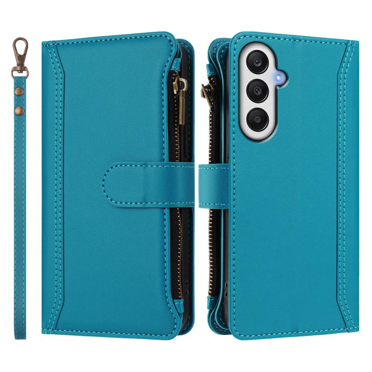 For Samsung Galaxy A05s / F14 4G Magnetic Closure 9 Card Slots Zipper Leather Case with Hand Strap
