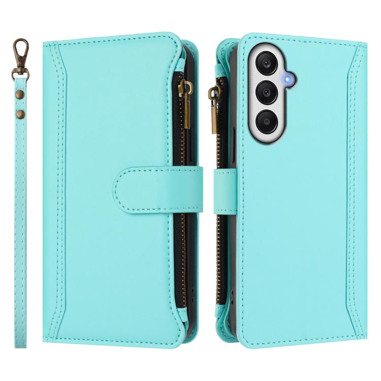 For Samsung Galaxy A05s / F14 4G Magnetic Closure 9 Card Slots Zipper Leather Case with Hand Strap