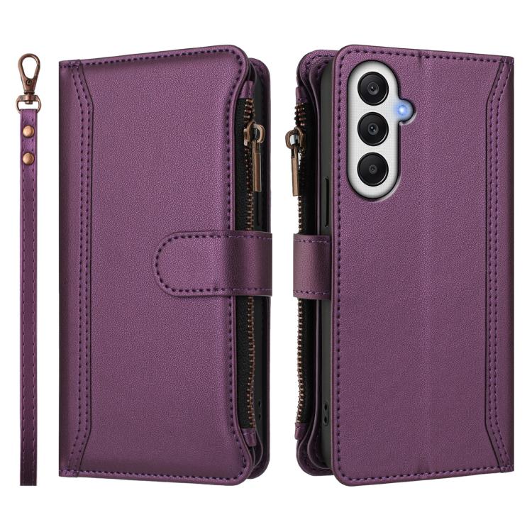 For Samsung Galaxy A05s / F14 4G Magnetic Closure 9 Card Slots Zipper Leather Case with Hand Strap