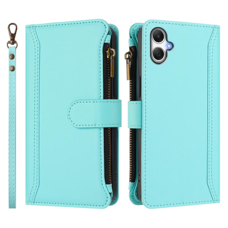 For Samsung Galaxy A06 4G / 5G Magnetic Closure 9 Card Slots Zipper Leather Case with Hand Strap