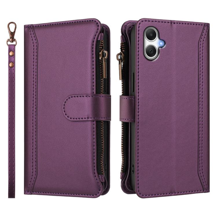 For Samsung Galaxy A06 4G / 5G Magnetic Closure 9 Card Slots Zipper Leather Case with Hand Strap