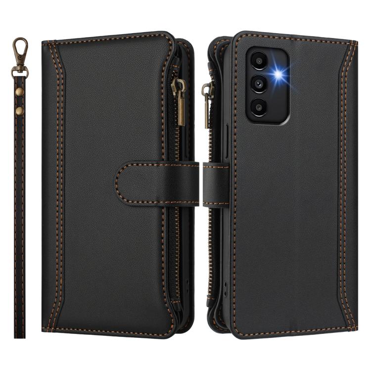 For Samsung Galaxy A13 5G / 4G / A04s Magnetic Closure 9 Card Slots Zipper Leather Case with Hand Strap