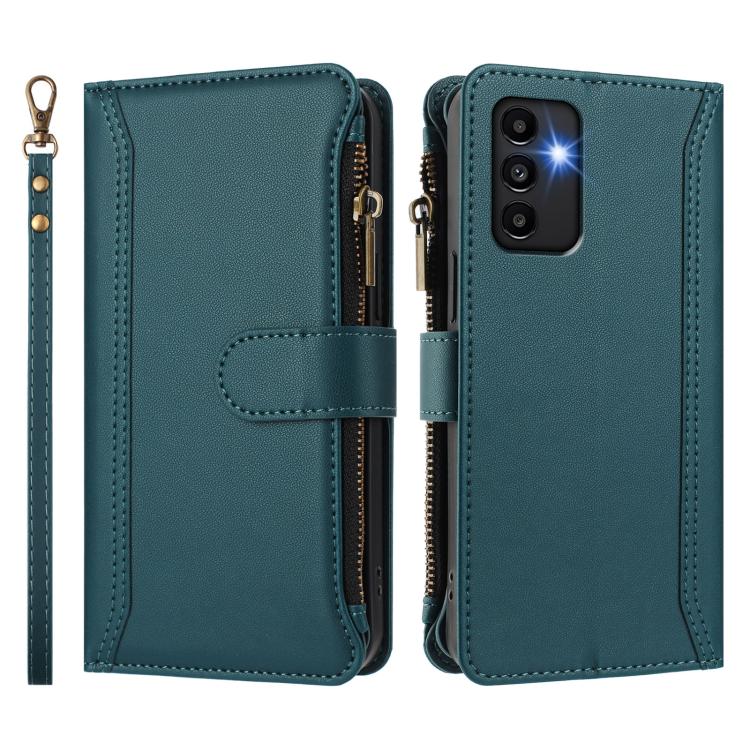 For Samsung Galaxy A13 5G / 4G / A04s Magnetic Closure 9 Card Slots Zipper Leather Case with Hand Strap