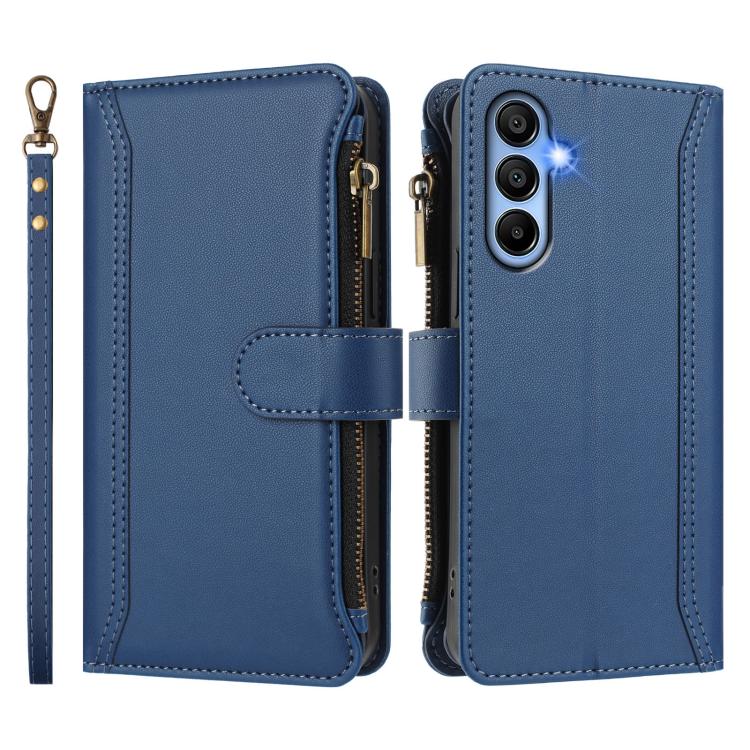 For Samsung Galaxy A15 5G / 4G Magnetic Closure 9 Card Slots Zipper Leather Case with Hand Strap