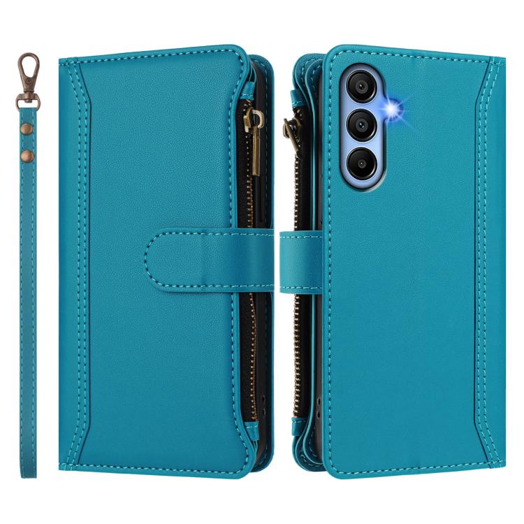 For Samsung Galaxy A15 5G / 4G Magnetic Closure 9 Card Slots Zipper Leather Case with Hand Strap