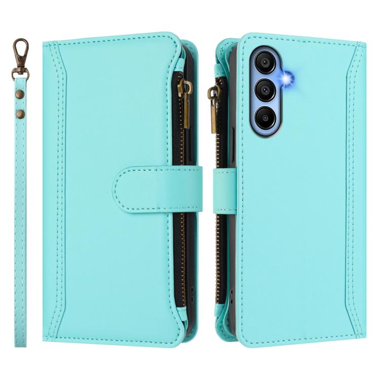 For Samsung Galaxy A15 5G / 4G Magnetic Closure 9 Card Slots Zipper Leather Case with Hand Strap
