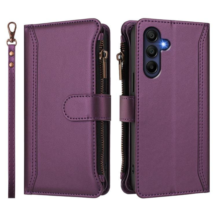 For Samsung Galaxy A16 5G / 4G Magnetic Closure 9 Card Slots Zipper Leather Case with Hand Strap