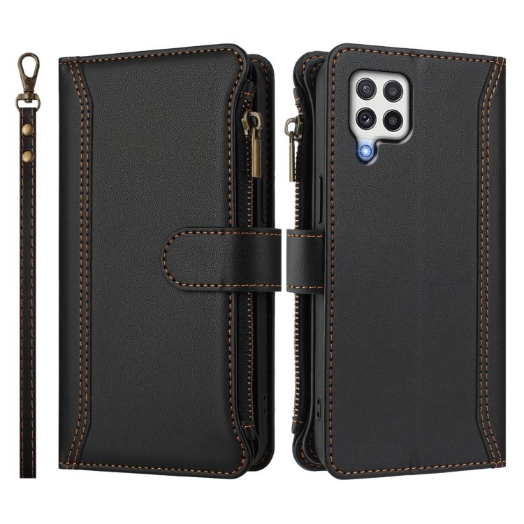 For Samsung Galaxy A22 4G Magnetic Closure 9 Card Slots Zipper Leather Case with Hand Strap