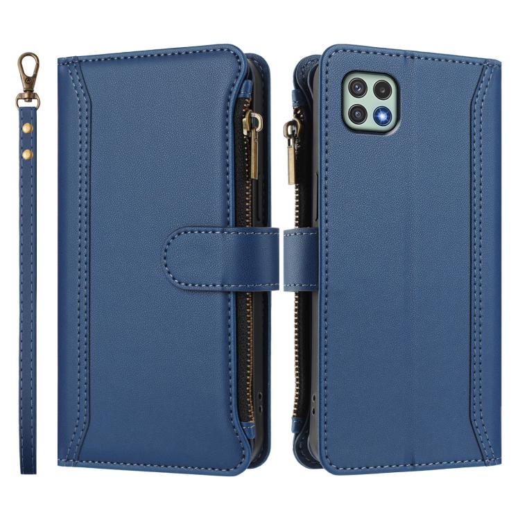 For Samsung Galaxy A22 5G / A22s / F42 Magnetic Closure 9 Card Slots Zipper Leather Case with Hand Strap
