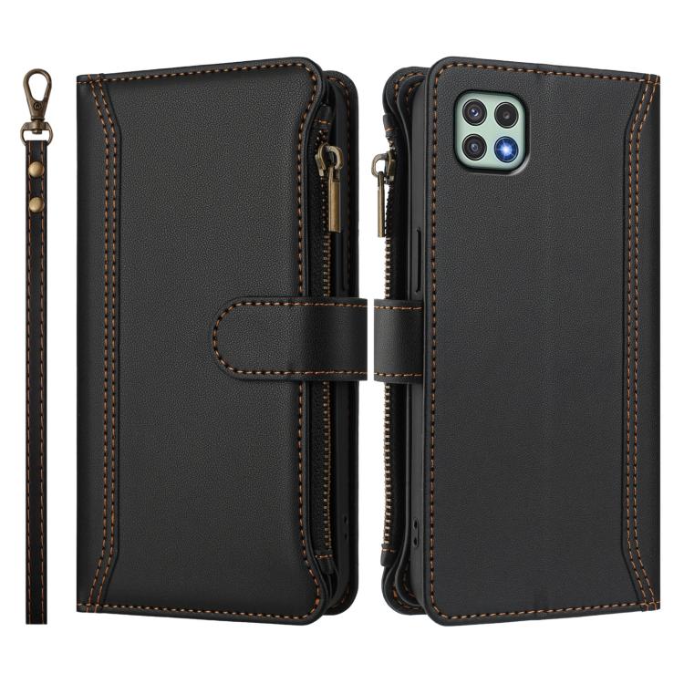 For Samsung Galaxy A22 5G / A22s / F42 Magnetic Closure 9 Card Slots Zipper Leather Case with Hand Strap