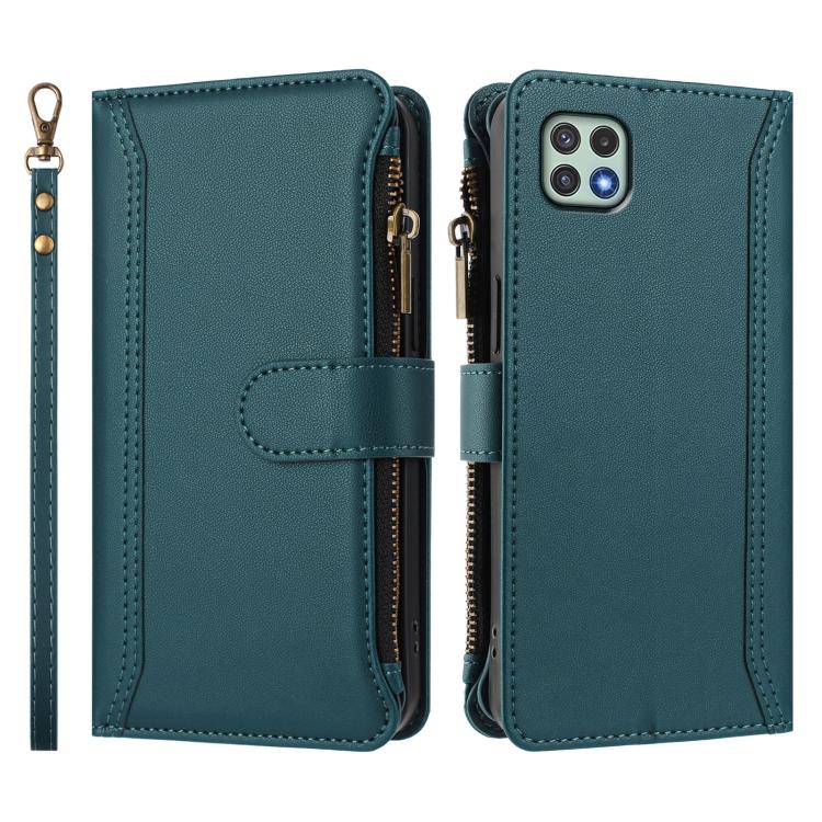 For Samsung Galaxy A22 5G / A22s / F42 Magnetic Closure 9 Card Slots Zipper Leather Case with Hand Strap