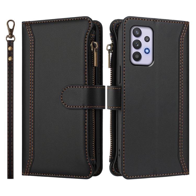 For Samsung Galaxy A32 4G Magnetic Closure 9 Card Slots Zipper Leather Case with Hand Strap