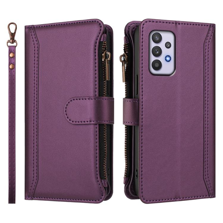 For Samsung Galaxy A32 5G / M32 5G Magnetic Closure 9 Card Slots Zipper Leather Case with Hand Strap