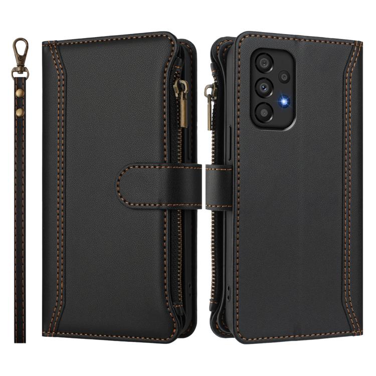 For Samsung Galaxy A33 5G Magnetic Closure 9 Card Slots Zipper Leather Case with Hand Strap