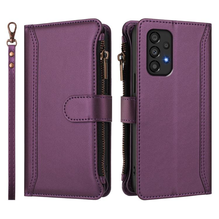 For Samsung Galaxy A33 5G Magnetic Closure 9 Card Slots Zipper Leather Case with Hand Strap