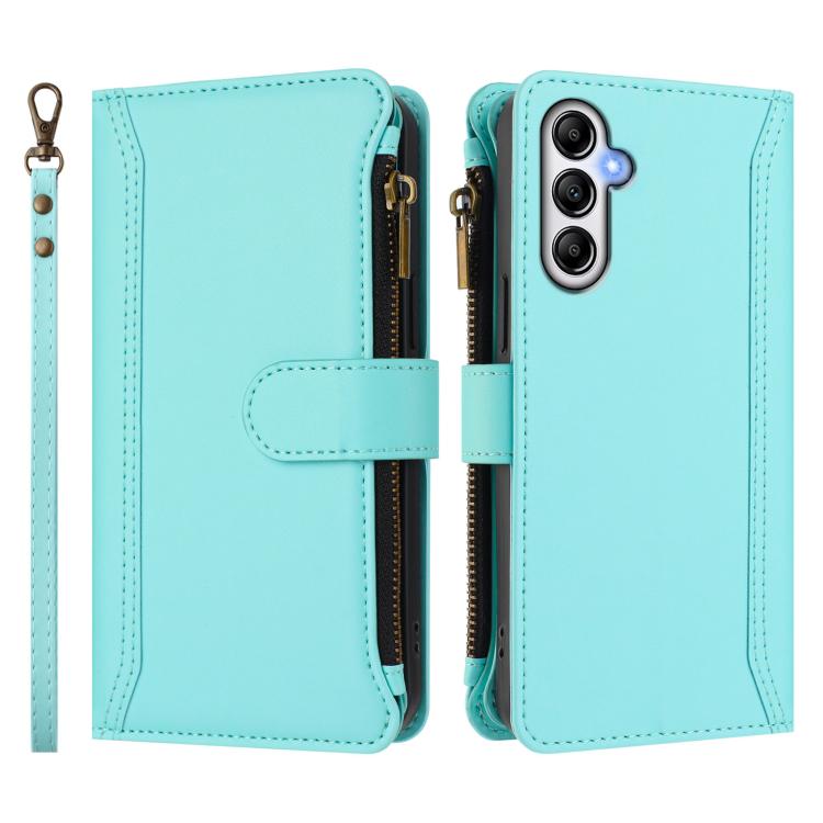 For Samsung Galaxy A34 5G Magnetic Closure 9 Card Slots Zipper Leather Case with Hand Strap