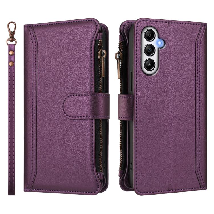 For Samsung Galaxy A34 5G Magnetic Closure 9 Card Slots Zipper Leather Case with Hand Strap