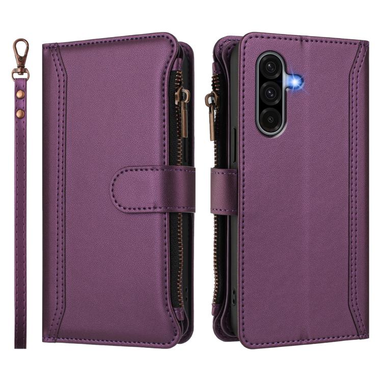 For Samsung Galaxy A36 5G Magnetic Closure 9 Card Slots Zipper Leather Case with Hand Strap