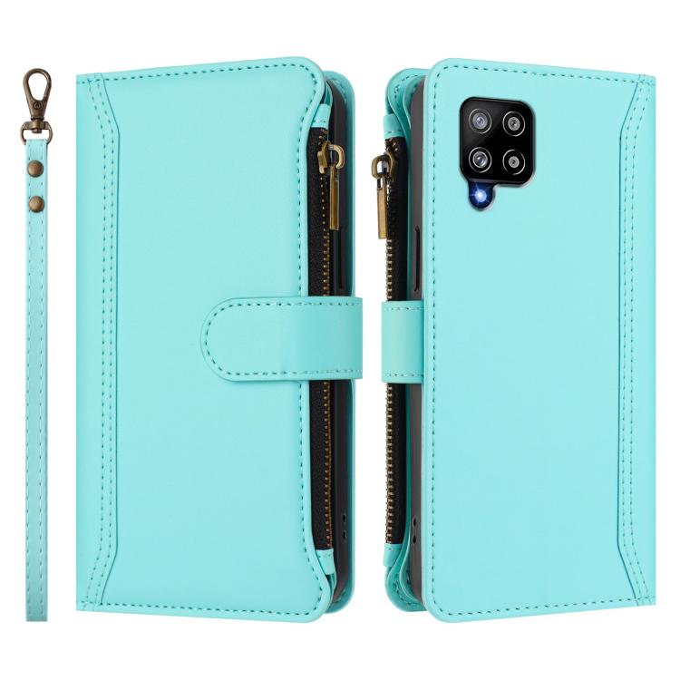 For Samsung Galaxy A42 5G / M42 5G Magnetic Closure 9 Card Slots Zipper Leather Case with Hand Strap