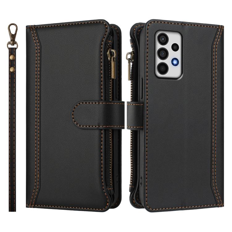 For Samsung Galaxy A52 5G / 4G / A52s Magnetic Closure 9 Card Slots Zipper Leather Case with Hand Strap