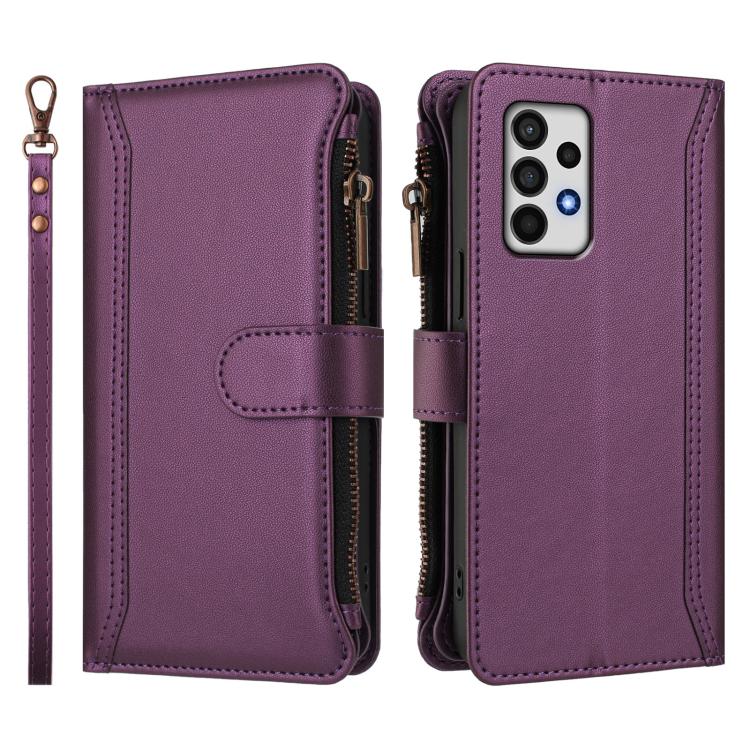 For Samsung Galaxy A52 5G / 4G / A52s Magnetic Closure 9 Card Slots Zipper Leather Case with Hand Strap