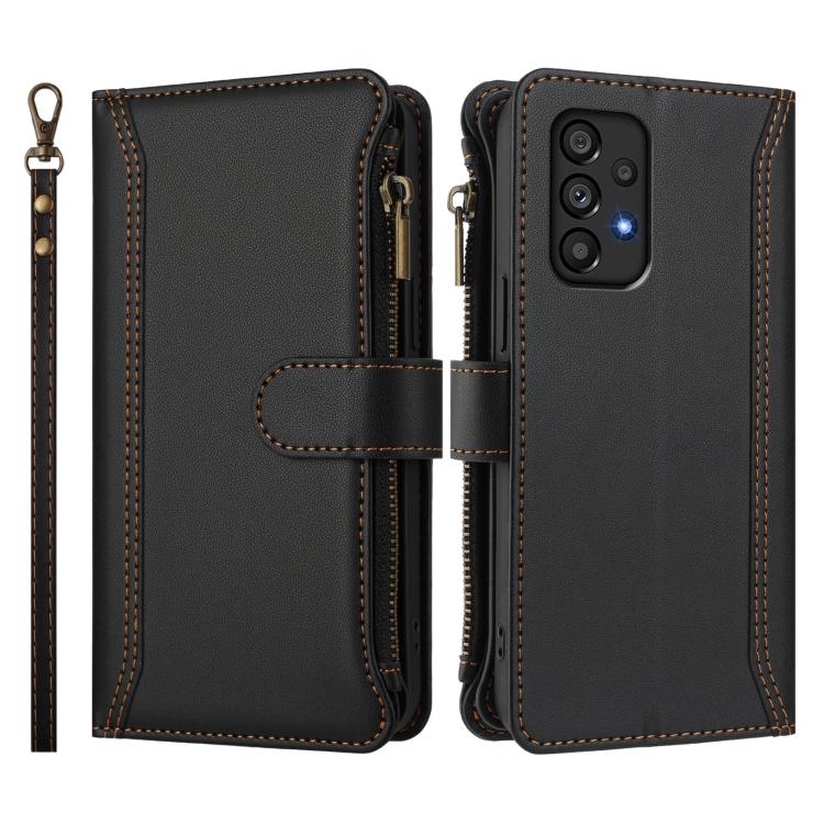 For Samsung Galaxy A53 5G Magnetic Closure 9 Card Slots Zipper Leather Case with Hand Strap