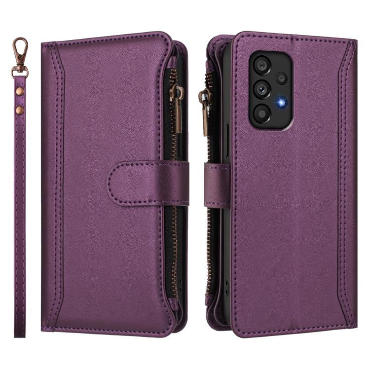 For Samsung Galaxy A53 5G Magnetic Closure 9 Card Slots Zipper Leather Case with Hand Strap
