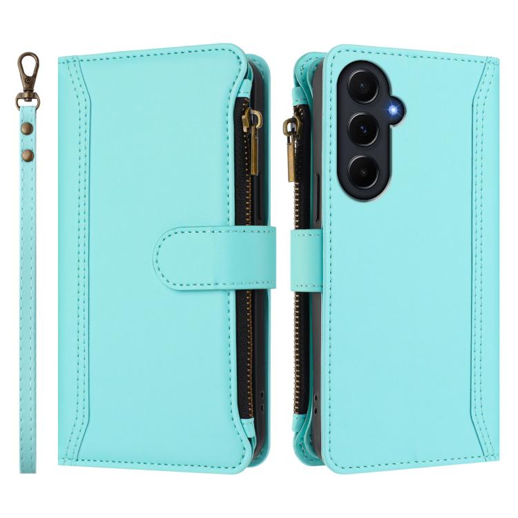 For Samsung Galaxy A55 5G Magnetic Closure 9 Card Slots Zipper Leather Case with Hand Strap