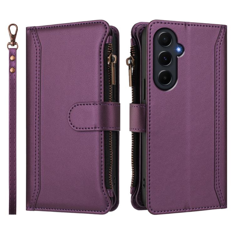 For Samsung Galaxy A55 5G Magnetic Closure 9 Card Slots Zipper Leather Case with Hand Strap