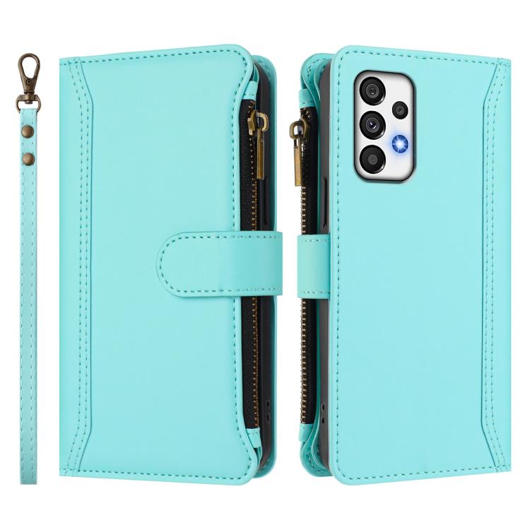 For Samsung Galaxy A72 5G / 4G Magnetic Closure 9 Card Slots Zipper Leather Case with Hand Strap