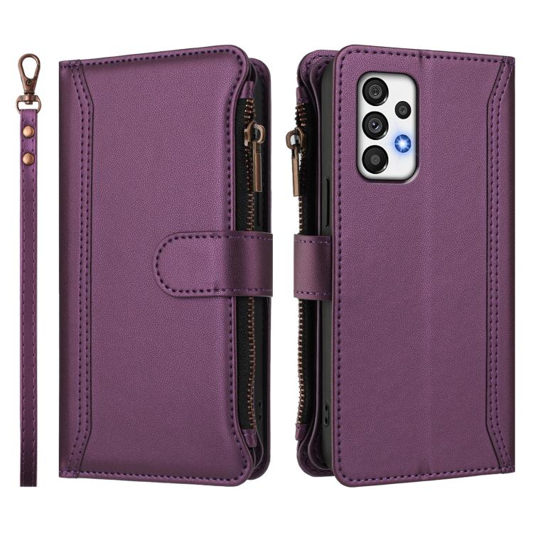 For Samsung Galaxy A72 5G / 4G Magnetic Closure 9 Card Slots Zipper Leather Case with Hand Strap