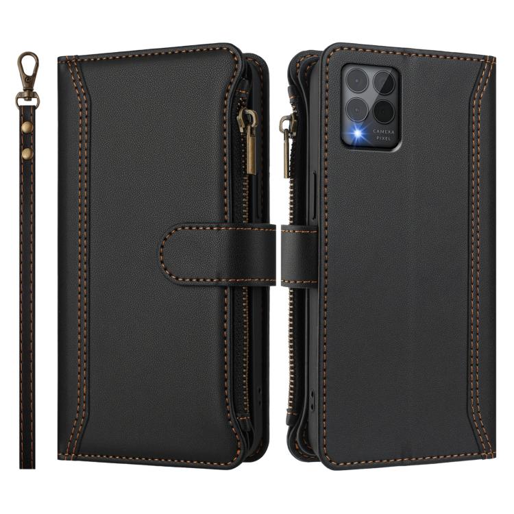 For T-Mobile REVVL 6 Pro 5G Magnetic Closure 9 Card Slots Zipper Leather Case with Hand Strap