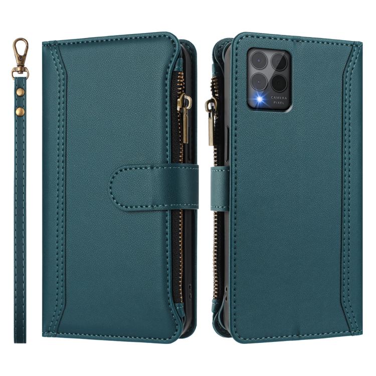 For T-Mobile REVVL 6 Pro 5G Magnetic Closure 9 Card Slots Zipper Leather Case with Hand Strap