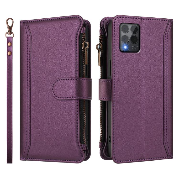 For T-Mobile REVVL 6 Pro 5G Magnetic Closure 9 Card Slots Zipper Leather Case with Hand Strap