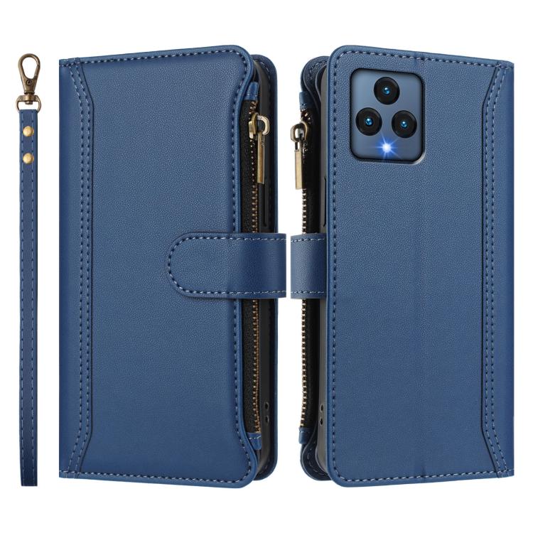 For T-Mobile REVVL 6 / 6x Magnetic Closure 9 Card Slots Zipper Leather Case with Hand Strap
